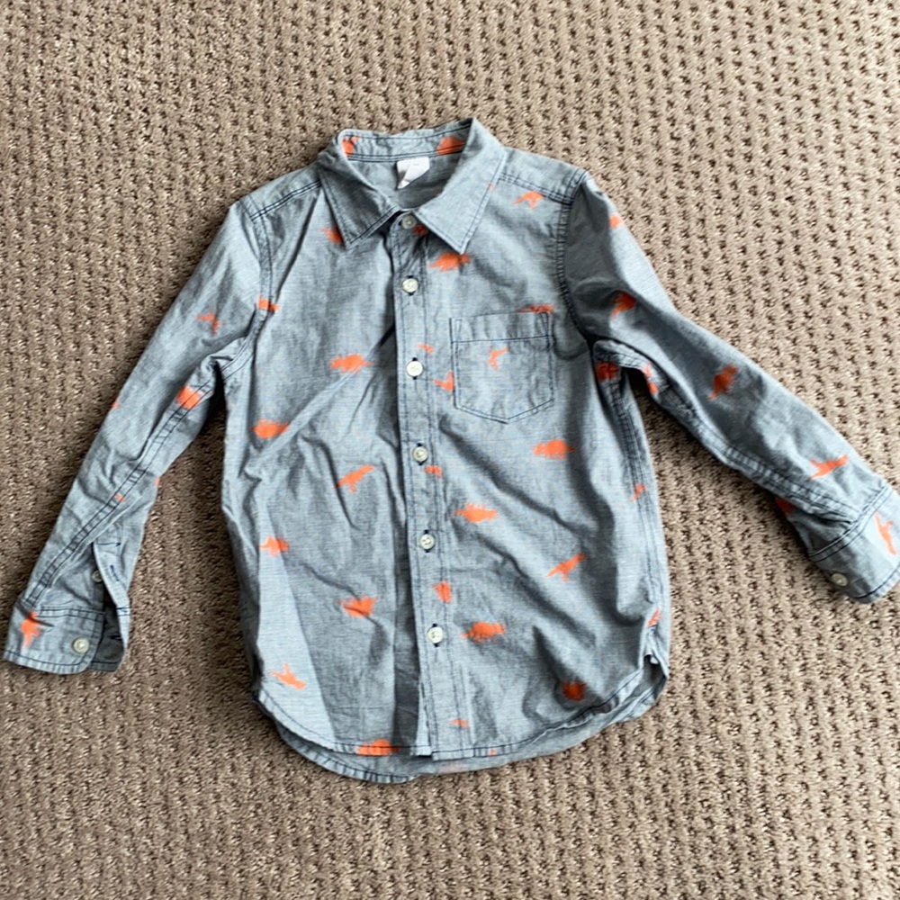 Boys Gap button down, blue/gray with orange dinosaurs. Size 5 toddler, baby Gap